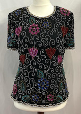 Collage By Simon Ellis 100% Silk Intricate Beading And Sequin Top Black Floral