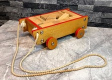 Vintage Wooden Rope Pull Along Trailer Building Block Set Toy 