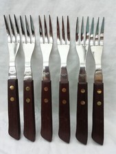 Set of 6 Forks Vintage Mid Century Teak Handled Cutlery Brass Rivets
