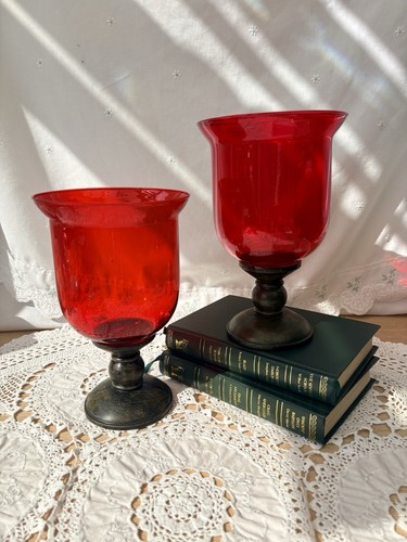 Vintage red glass hurricane - vintage,