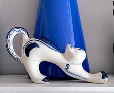 Vintage Gzhel Russian Porcelain Stretching Cat Figurine White & blue USSR VGC