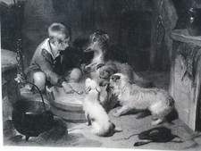 Edwin Landseer. Antique  engraving print. The Breakfast Party. About 1880s.