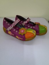 Socofy Leather  Mary Jane Shoe Flower Embossed Blue Yellow Green Platform UK 6 