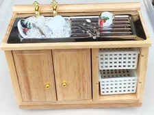 Dolls House Sink Unit With Washing Up Pine Colour 1:12 Scale Kitchen KM Tumdee