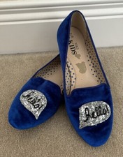 M&S Kids Royal Blue Velvet Silver Glitter Hello Flat Pumps Shoes EU 37 UK 4 VGC