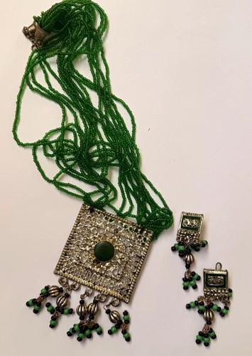 Green beaded necklace pendant - necklace,