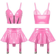 Women Outfits Ravewear Suits Built-in Set PVC Patent Lingerie Sling Thong Sexy
