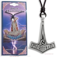 Thors Hammer Pendant Necklace Runes Mjollnir Viking Futhark Triquetra Pewter