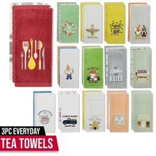 3 Pack Tea Towels Kitchen Dining 100% Cotton Home Decor 23 Designs Embroidered
