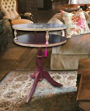 Round Floral Red Gold Side Table Accent Lamp Table Hand Painted Vintage Wooden