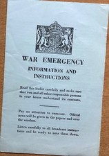 WW2 BRITISH CIVIL DEFENCE LEAFLET: WAR EMERGENCY - INFORMATION AND INSTRUCTIONS