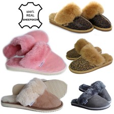 LUXURY Ladies Womens Genuine REAL SHEEPSKIN SLIPPERS Slip on Fur Lined Mules 