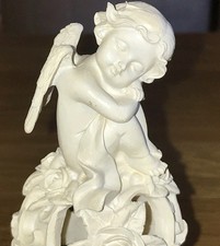Cherub Cupid Angel Sitting On Pierced Floral Ball Stand Alabaster 14cm Love 