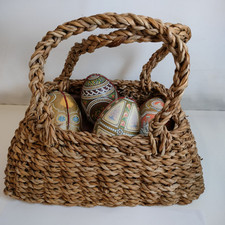 Vintage Wicker Egg Basket With 4 Decorative Egg Tins Easter Decor Gifts