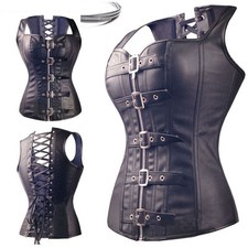 Gothic Black Faux Leather Steampunk Corset Tops Spiral Steel Boned Strap Basque
