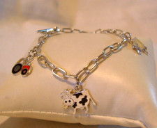 Bracelet Silver 925 Farming Tractor Sheep Pig Cow Charms With Spanner T Bar 7"L