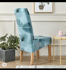 Stretch Seat Teal Tropical Leaf Print Dining Room Chair Covers X 6 Bnwt