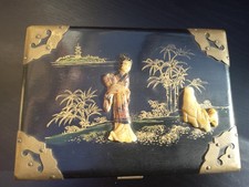 Stunning Antique Chinese Lacquered Black box Brass detailing raised Figure