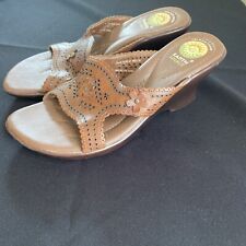 Earth Spirit Gelron 2000 Brown Leather Size 9 Wedge Sandals Shoes Flower Slides