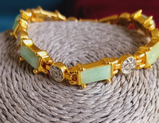 Vintage Green Jade Gemstone Panel Bracelet Gold Tone With Silver Icons Jewellery