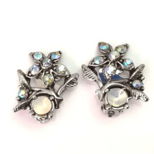 Vintage Faux Moonstone Clip On Earrings Mid Century Sparkly Diamante Jewellery