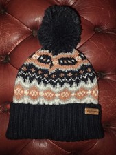 Barbour Cuff Bobble Pompom Beanie Soft Fine Knit  Navy Blue White Coral Fairisle
