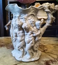 Antique MINTON - Relief Moulded Jug SILENUS & BACCHUS - 9" Tall - GREEN - c1831