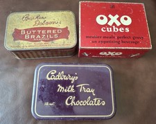 3 Vintage Tins:- Cadburys' Milk Tray, OXO Cubes & Barker Dobson Buttered Brazils