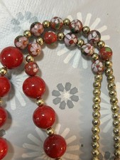 Vintage Chinese bead long necklace Cloisonne plain beads gold tone signed SR