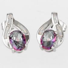 6x8 Oval Rainbow Mystic Topaz White Fire Opal Silver Jewelry Stud Earrings