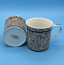William Morris Inspired Waterside Fine China Mugs Orange Gold Bird Floral X 2