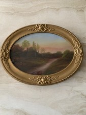 Vintage Framed Oil Painting Rural Landscape Scene Oval Frame 1930s