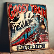Ghost Train Sign Funfair Ride Large 34cm Wood Panel Spooky Fun Fair Wood Sign