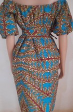 African Print Off Shoulder Knee Length Dress With Belt For Women