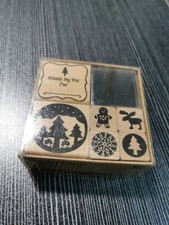 6x Wooden Christmas Stamps Set Festive Card Making Crafts NEW