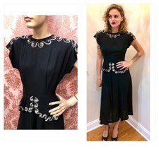 VTG 1940s Blck RAYON CREPE