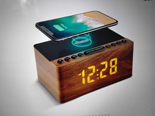 FM Radio Alarm Clock + 10W Super Fast Wireless Charger. brown wood. By Andjank