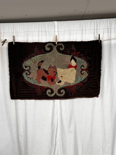 Antique rug wool hooked cat - antique,
