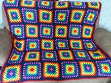 Crochet Vintage Granny Square Rainbow Blanket Throw 54x 54 Inches Bed Caravan