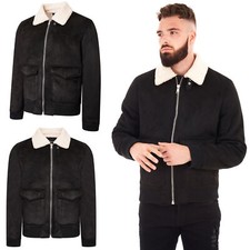 Pierre Cardin Mens Sherpa Fleece Lined Jacket Faux Suede Borg Aviator Coat Tops