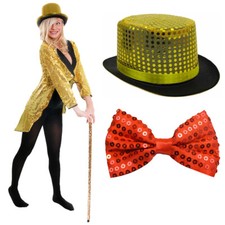 GOLD SEQUIN TAILCOAT TOP HAT AND RED BOW TIE HALLOWEEN FANCY DRESS DANCE COSTUME