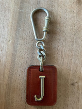 Vintage Brown Leather Key Ring With Gilt Tone Initial J And Chunky Link Chain