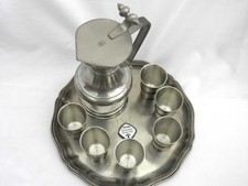 Vintage Pewter Set Lidded Pitcher Tray 6 Cups Double Acorn Finial Swiss Junker