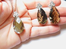 Faceted Mink Brown Clear Rhinestone Teardrop Chain Necklace Earring Set Vintage