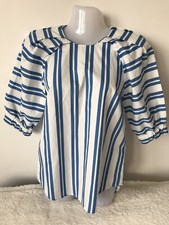 H&M LADIES BLUE & WHITE STRIPED PUFFBALL SLEEVE COTTON BLOUSE EUR 32 US2 UK 6