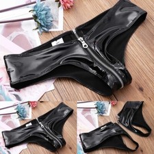 Ladies Zip Crotch Panties Briefs PVC Leather Shorts Low Waist Underwear Clubwear