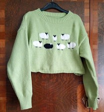 Cider Mushy Pea Green Black Sheep Design Chunky Cropped Knitted Sweater Jumper S