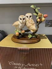 "Country Artists", HAND CRAFTED, Barn owl pair with crab apples, with box 