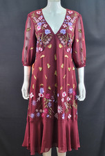 Frock & Frill Kalila Embroidered Flowers Midi Burgundy Dress UK 14 EU 42 NEW