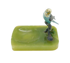 Victorian Cold Painted Bronze Budgie on Branch Green Onyx Base Ashtray Antique